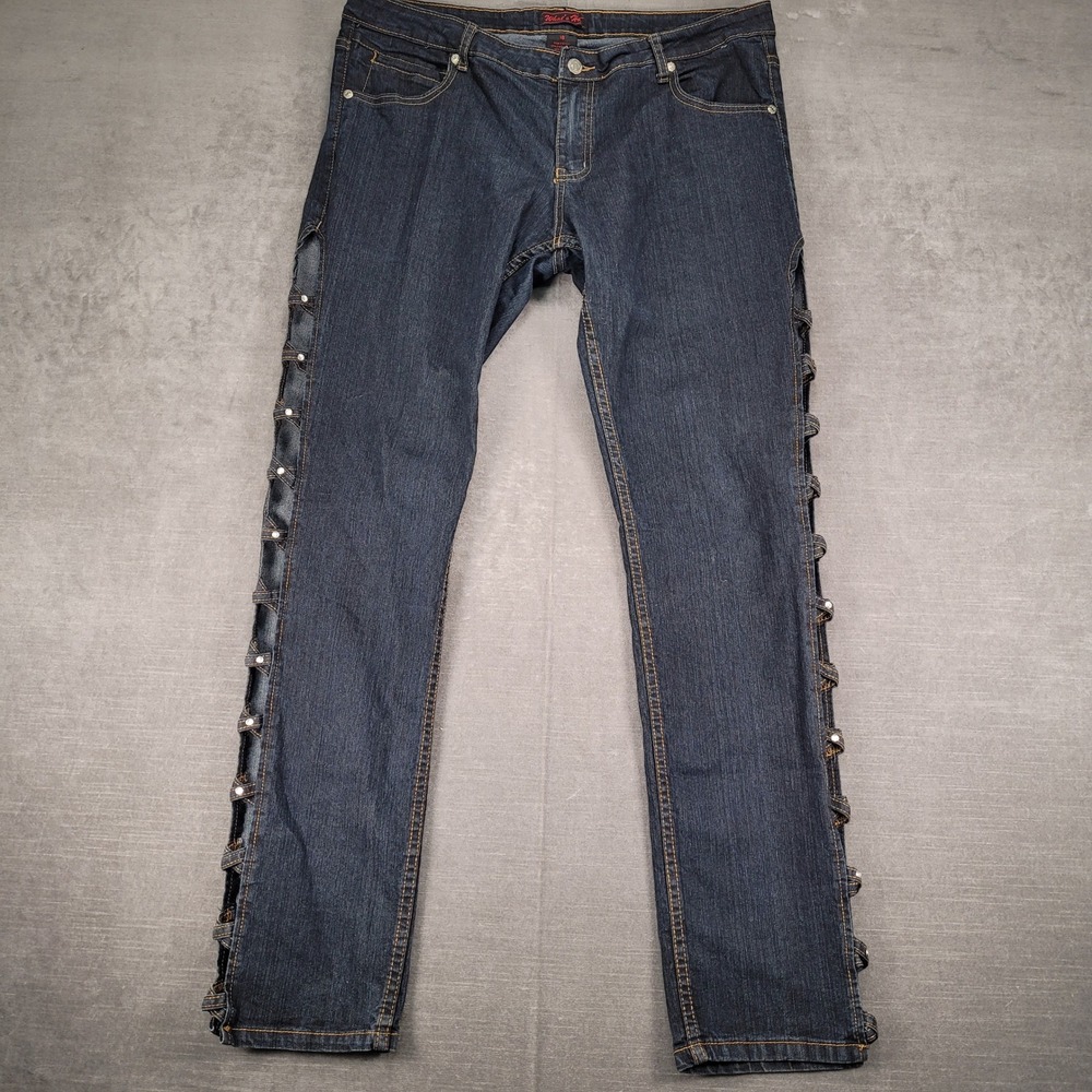 What's Hot Y2K Embellished Jeans Studded Side‎ Dark Wash Denim Size 16